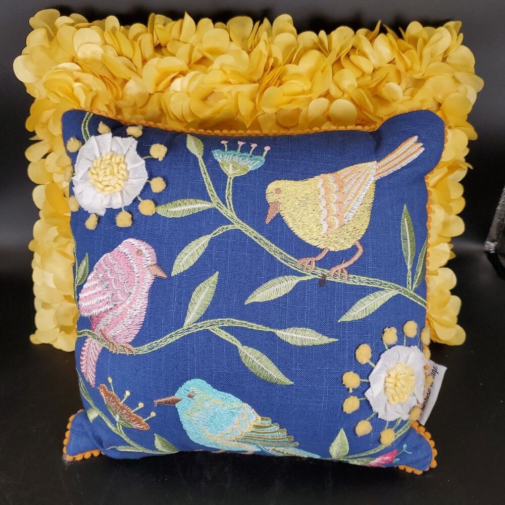 Primrose Vintage Bird Pillow 13x13 + Pier 1 Spring Yellow Floral Accent Pillow